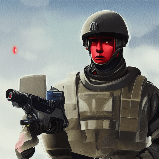 AI generated: Futuristic depiction of a soldier in advanced combat gear using a portable device for medical purpos...