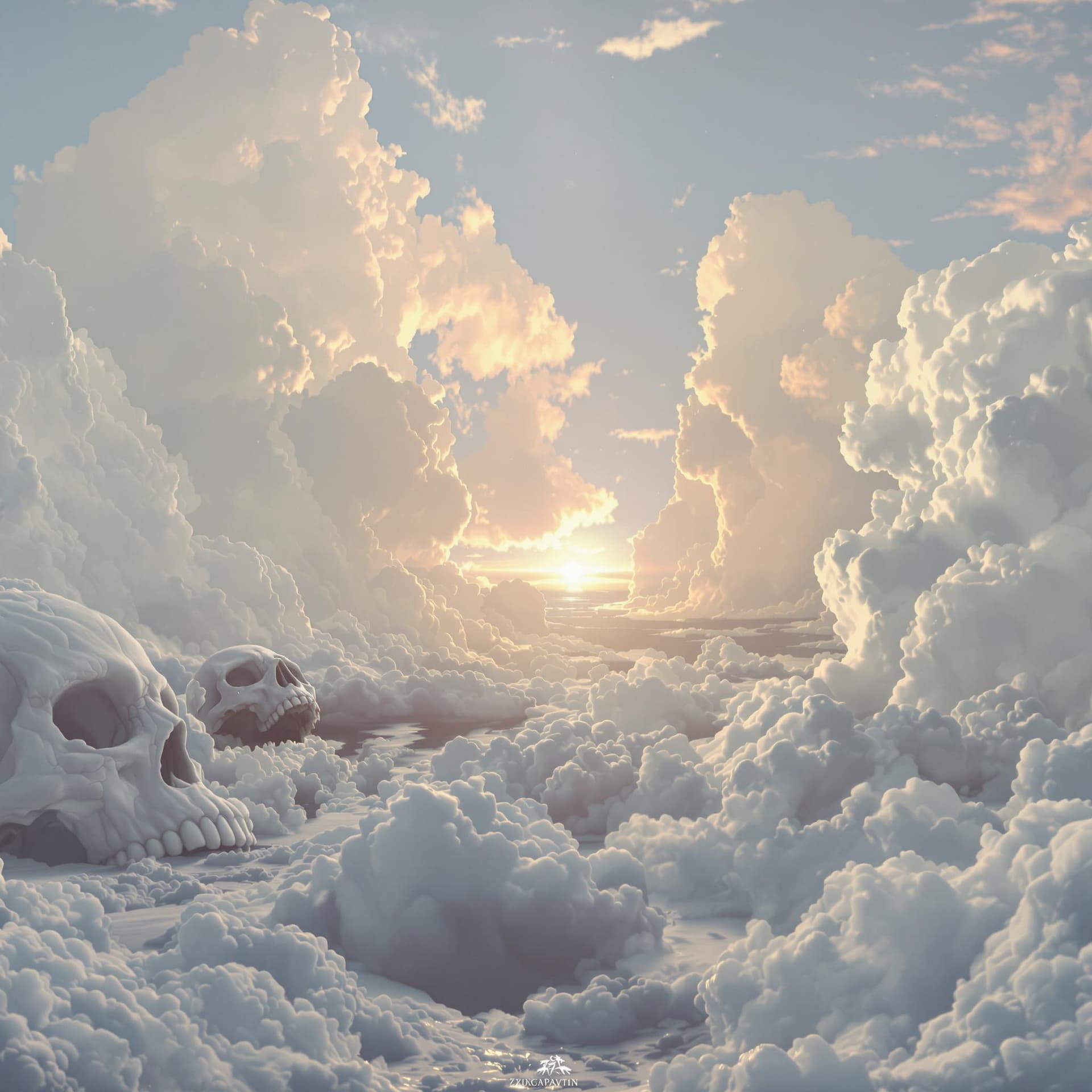 AI generated: the sky in the background, in the style of realism with fantasy elements, skull motifs, light-filled...