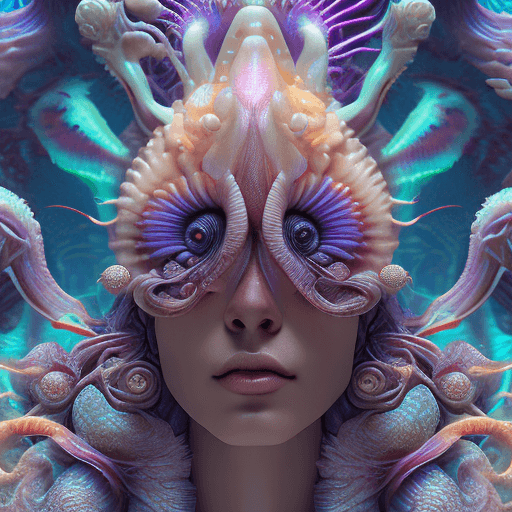 AI generated: Goddess close-up portrait ribcagel. jellyfish phoenix head, nautilus, orchid, skull, betta fish, bio...