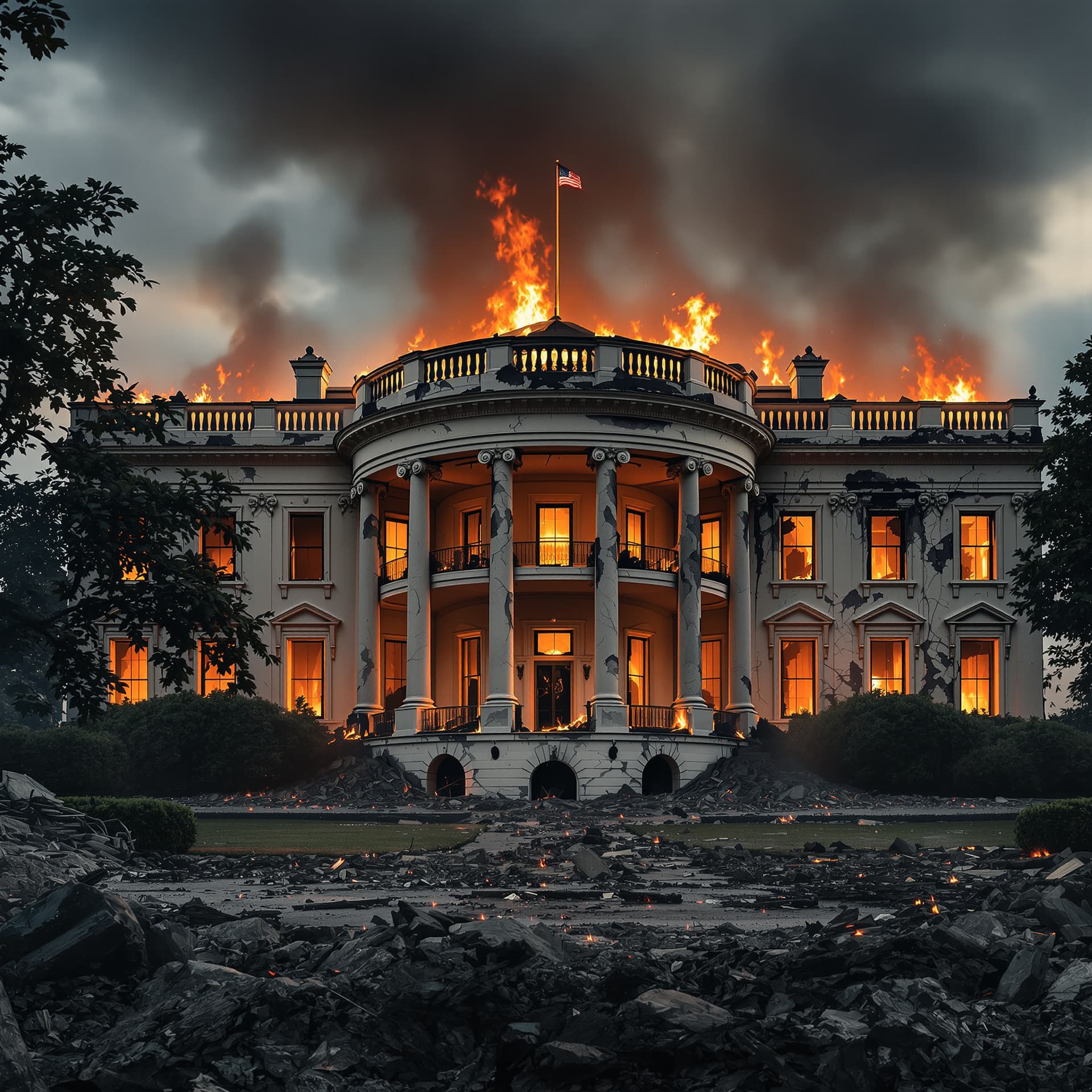AI generated: front view of a post world war 3 destroyed with walls missing, THE BUILDING IS CRUMBLING AND ENGULFE...