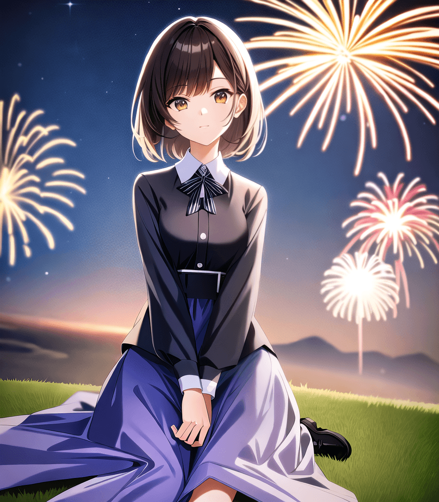 AI generated: ((perfect anime illustration)), 1girl, brown hair, night sky, 9:00 pm, fireworks, girl looking at fi...