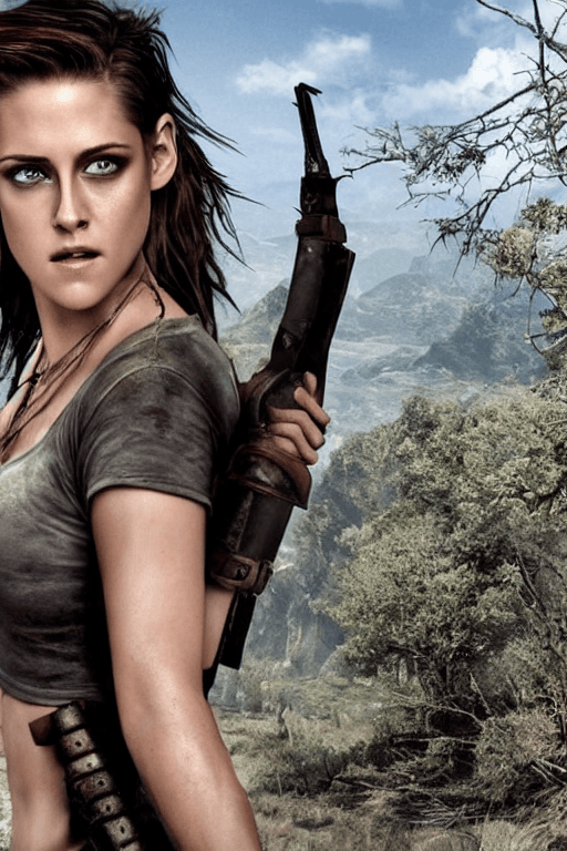 AI generated: Kristen Stewart dressed as lara croft, ((topless)), gorgeous, attractive, flirting, old ruins in bac...
