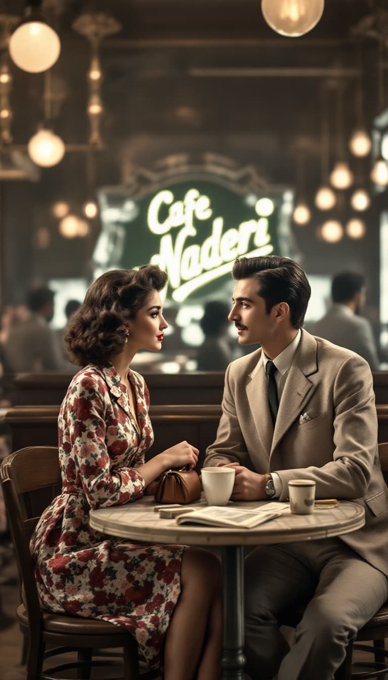 AI generated: A scene from the 1950s in Café Naderi, Tehran, where a young couple is sitting at a small two-person...