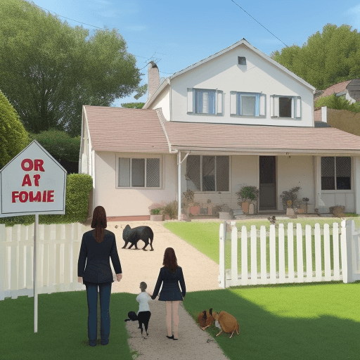 AI generated: a house with a family and two pets in front with a huge for sale sign