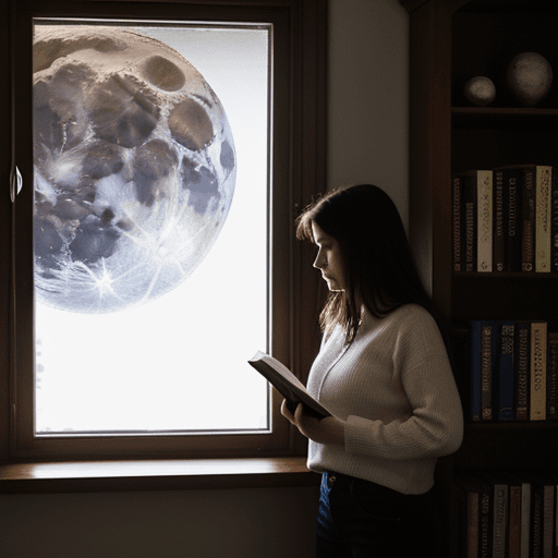 AI generated: a woman standing next to a book shelf with moon reflected through a window