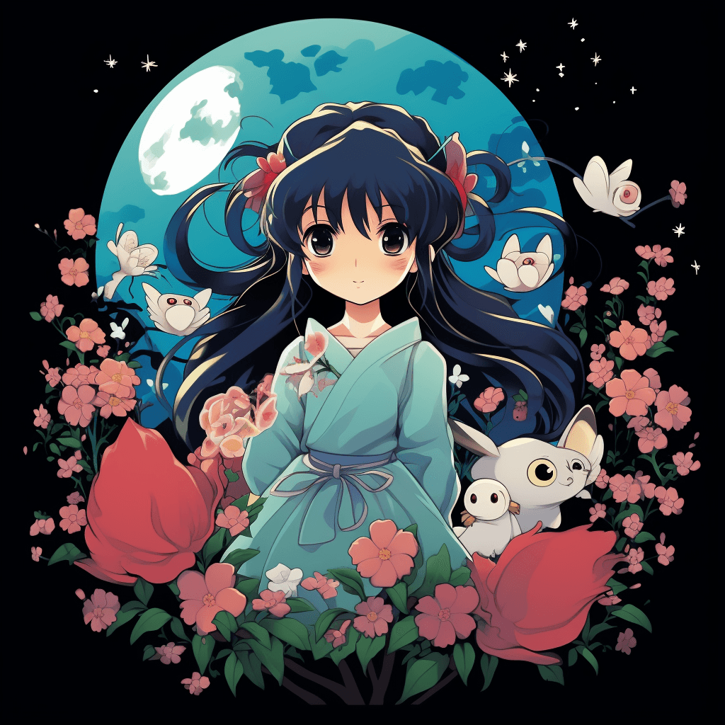 AI generated: Colorful vector, anime characters from Studio Ghibli, expressive with big eyes, wind, cherry blossom...