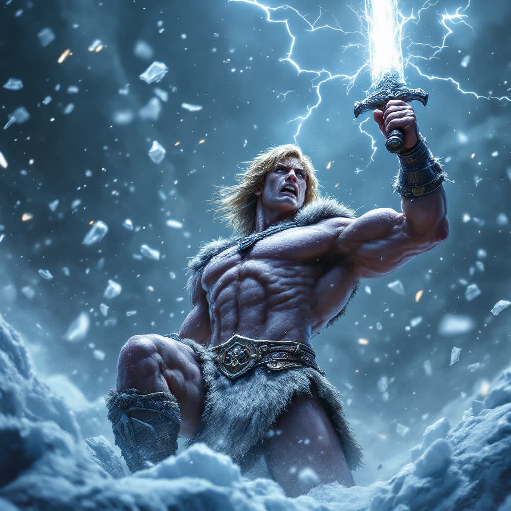 AI generated: *"Ultra-detailed, hyper-realistic, cinematic, with sharp focus. He-Man, the legendary warrior, raise...