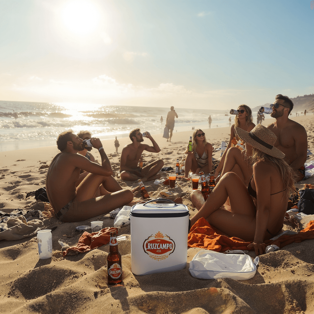 AI generated: realistic contemporary beach scene with young men and women casually gathered on sun-baked sand, som...