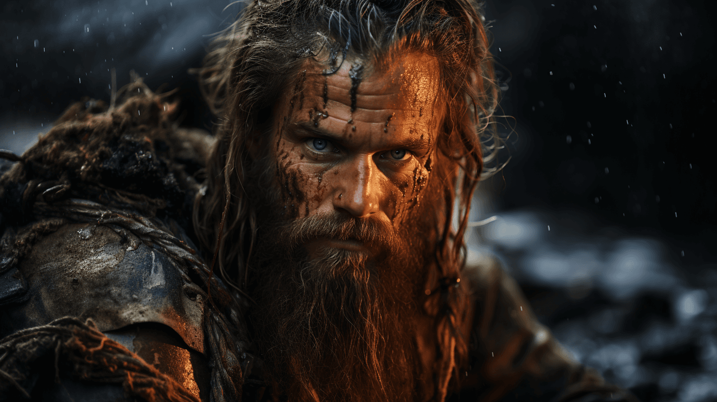 AI generated: Subject: A fierce viking warrior in the midst of battle Setting: A fog-covered, rocky battlefield wi...