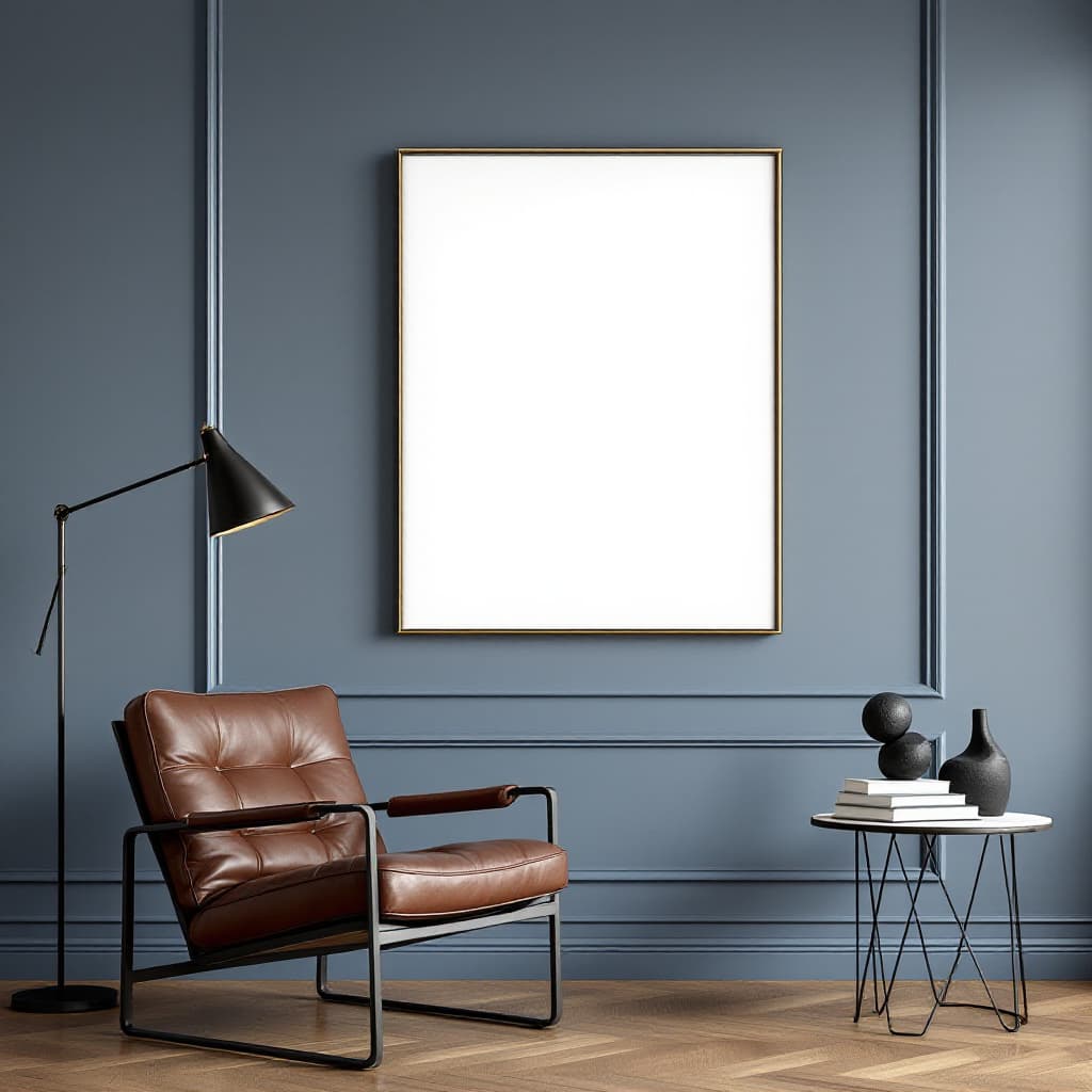 AI generated: A minimalistic, modern interior setup featuring a blank, framed white canvas on a Blue Bayoux wall w...