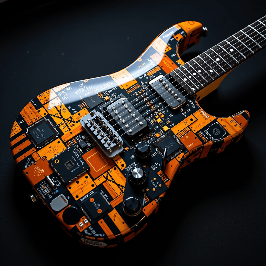 AI generated: A sleek electric guitar, its body a striking mosaic of polished motherboard fragments and glowing LE...