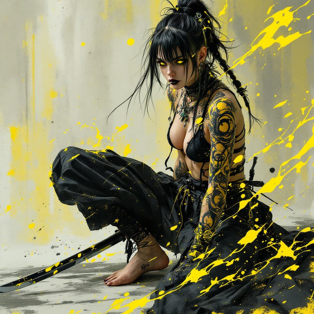 AI generated: Full body view of a  photography of a gothic punk rebel Japanese [woman] with neon yellow and black ...