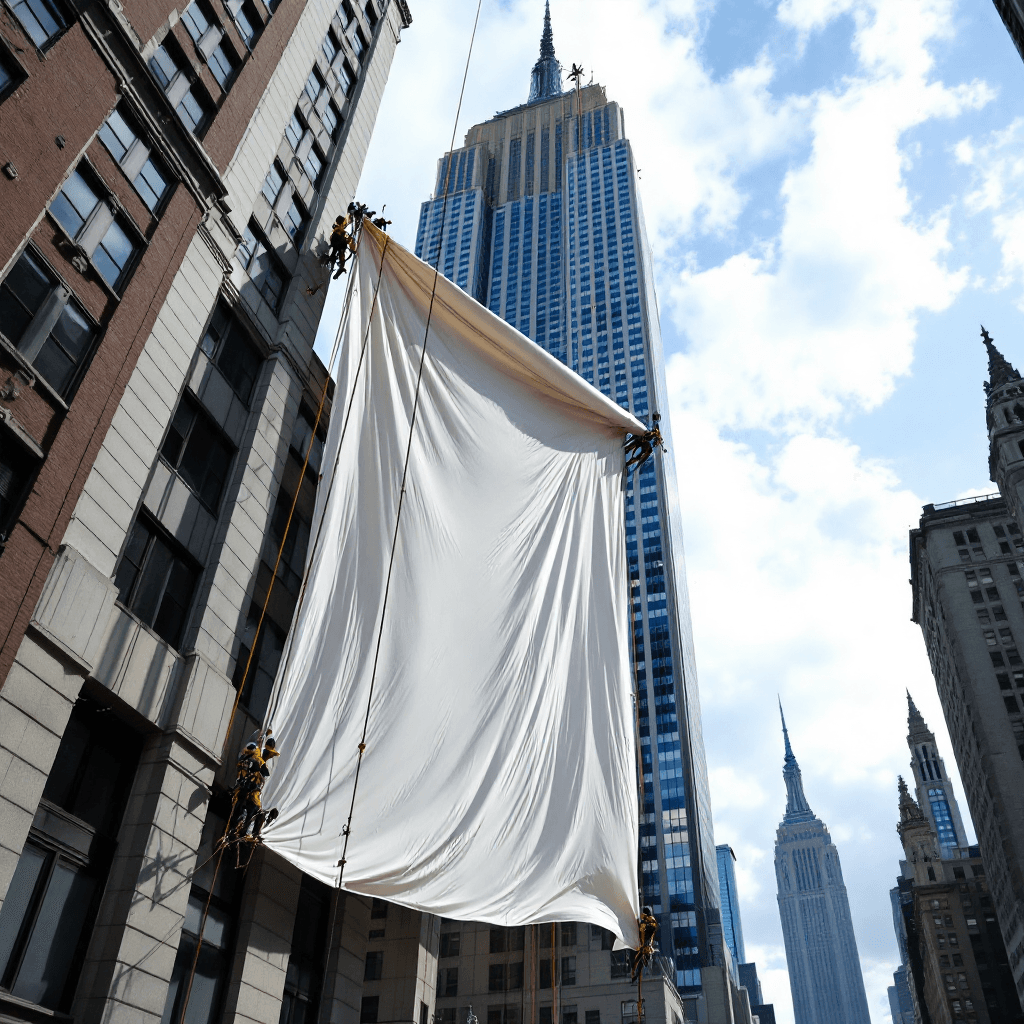 AI generated: The iconic Empire State Building in New York City, with a team of workers carefully installing a mas...