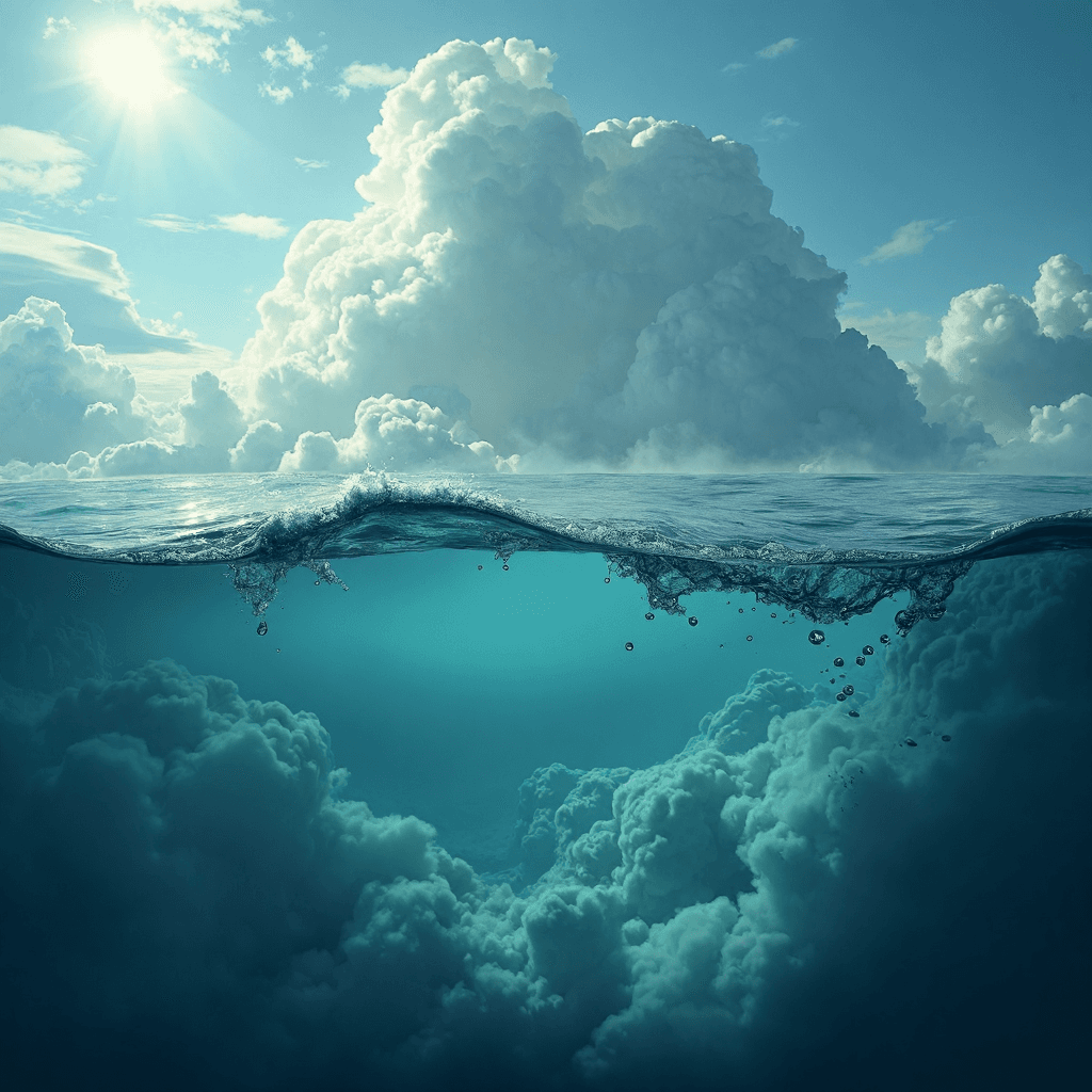 AI generated: underwater hypnotic composition of underwater clouds, clouds underwater, parallax layers, trompe-l'œ...