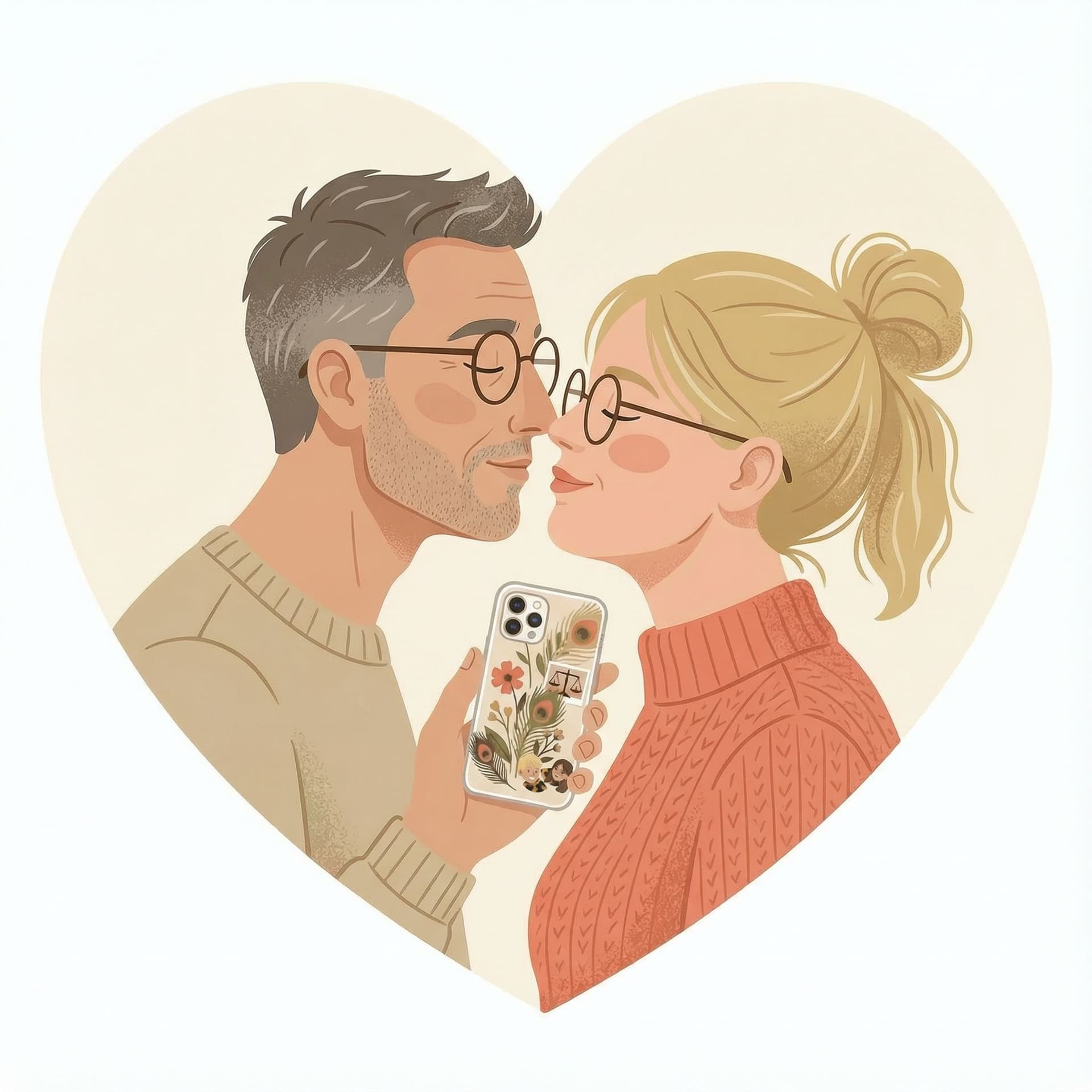 AI generated: flat vector illustration of a middle-aged couple about to kiss, close-up portrait cropped at torso, ...