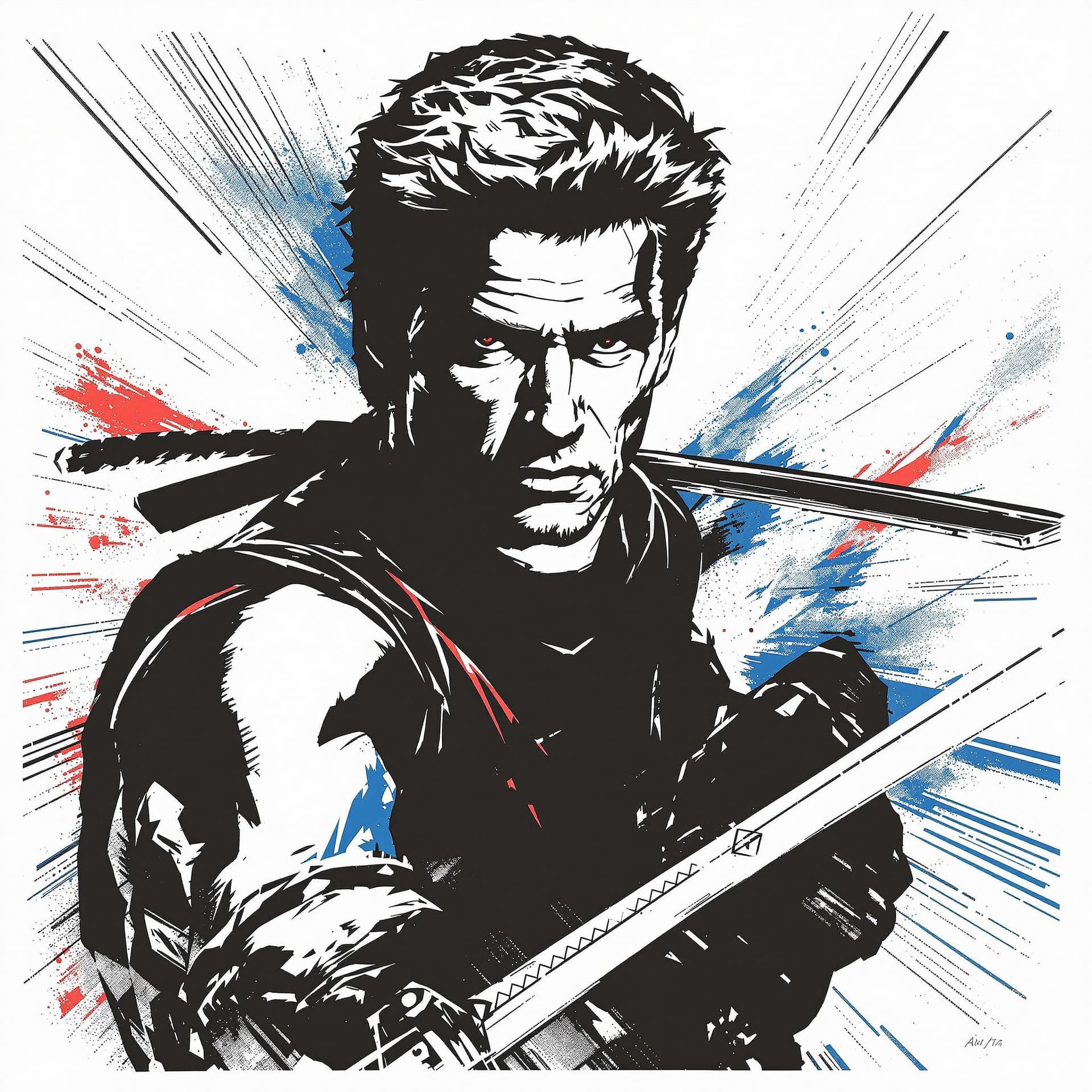 AI generated: Create a stylized, iconic portrait of Michael Dudikoff from American Ninja. The artwork should be in...