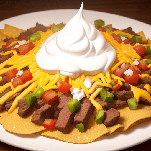 AI generated: food photography, a giant plate of super nachos with beef, pica de gallo, cheese, sour cream