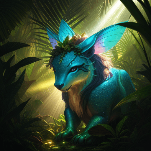 AI generated: fantasy animal in the jungle, closeup, ultra detailed, fairy lighting, photorealistic, bright colors...