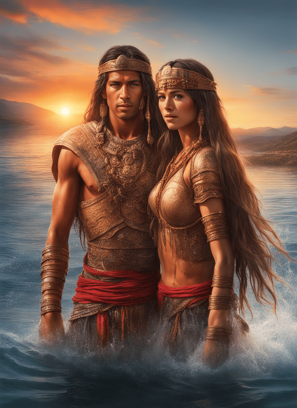AI generated: 1 girl, 1 boy, Fabio and Alma, beautiful young couple, hyper realistic, full body, Inca warrior coup...