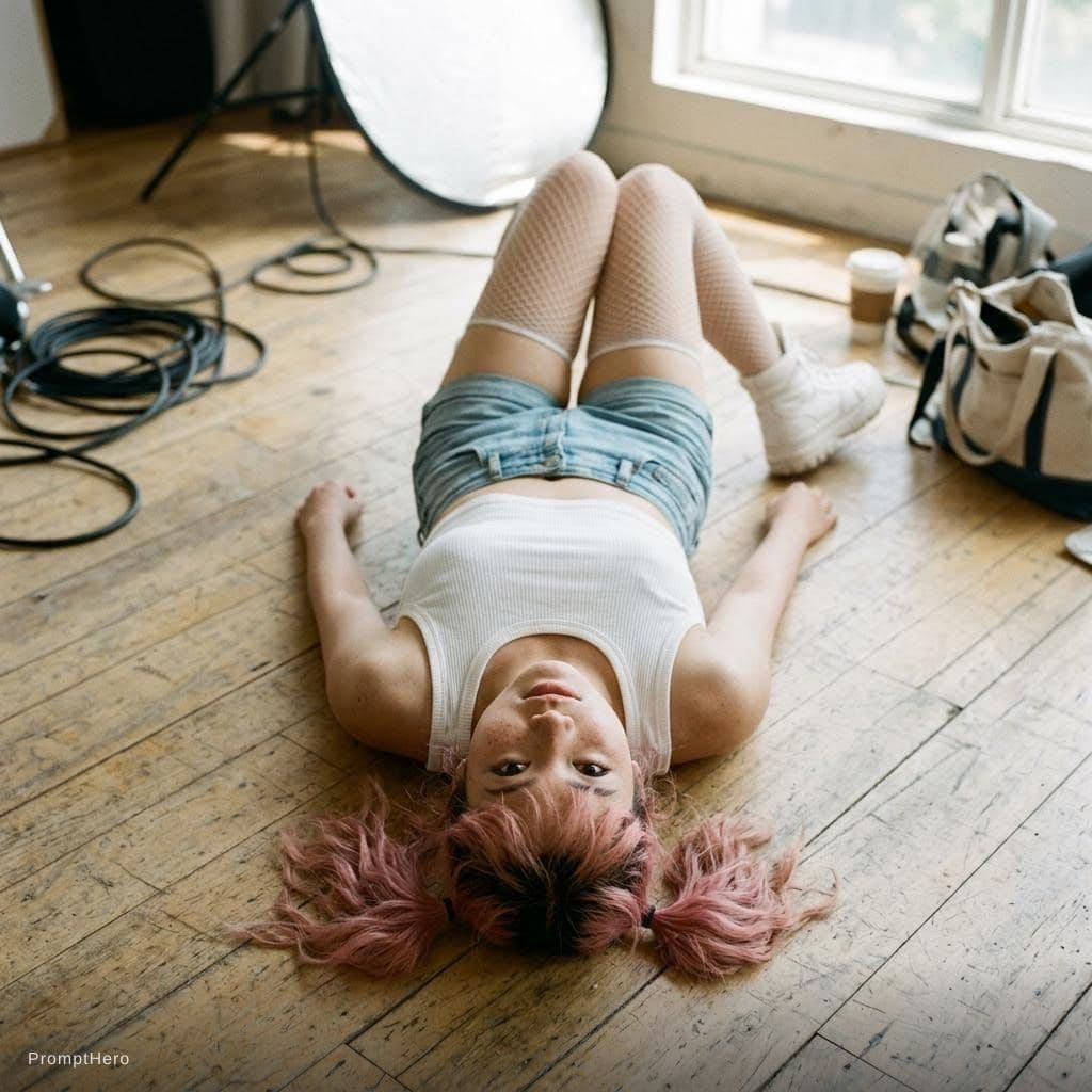 AI generated: Hot, pale, freckles, vietnamese 1girl, pink hair pigtails, full body photo, deep cleavage, top view,...