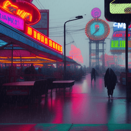 AI generated: cyberpunk at coney island, close up, light rain