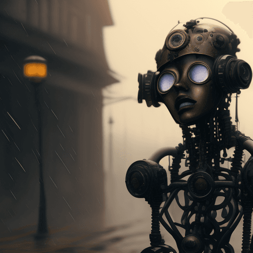 AI generated: Sadness photo of a steampunk half-broken human-like robot, rain, dramatic light, pale sunrise, cinem...