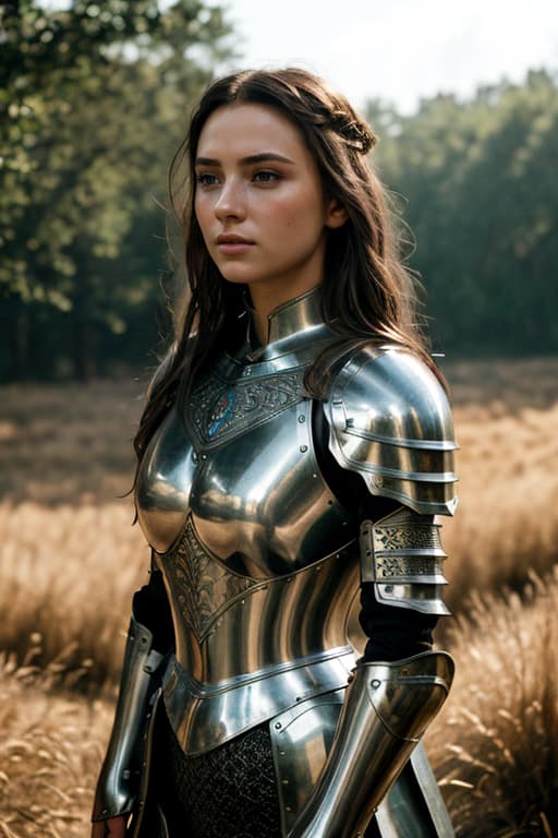 AI generated: Photo of a girl in medieval armor, subtle metal reflections, upper body, outdoors, field, overcast, ...