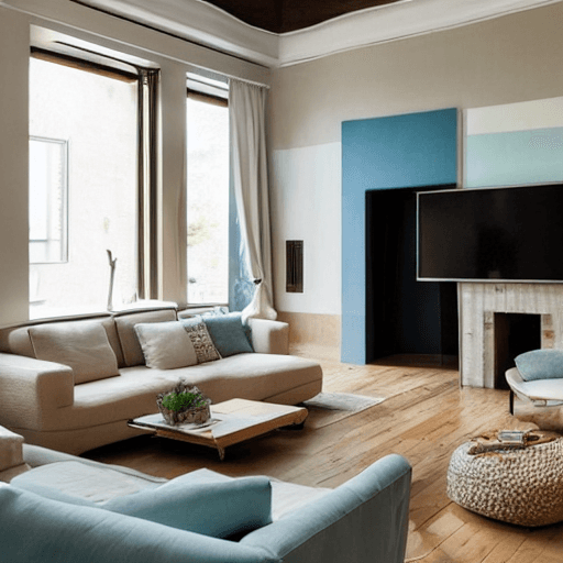 AI generated: high resolution photography interior design, dreamy sunken living room conversation pit, wooden floo...