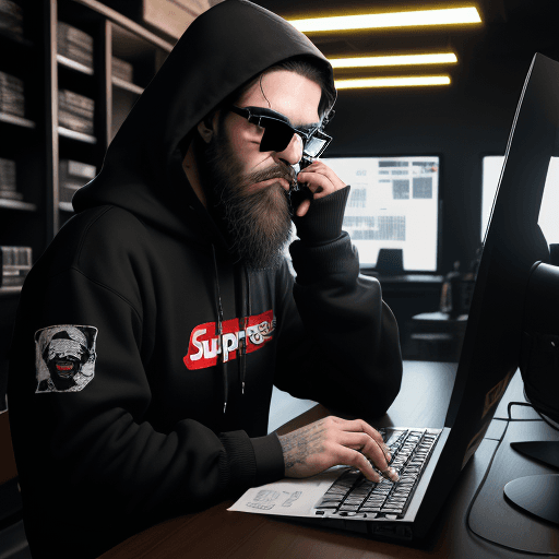 AI generated: hacker, dark room, coder, computer, man, medium beard, cool, grunge, (typing), ultra detailed face, ...