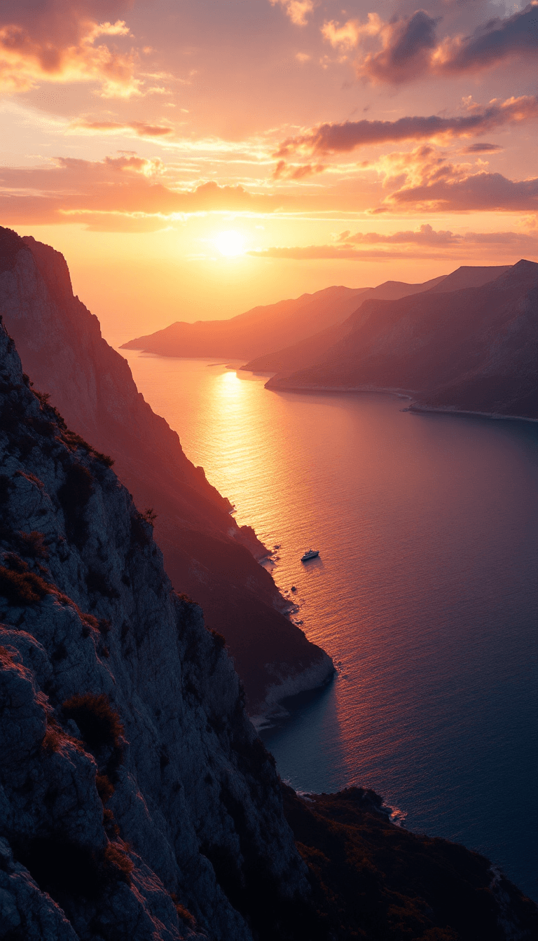 AI generated: An aerial view of the Crimean coast during sunset: steep cliffs silhouetted against the warm hues of...