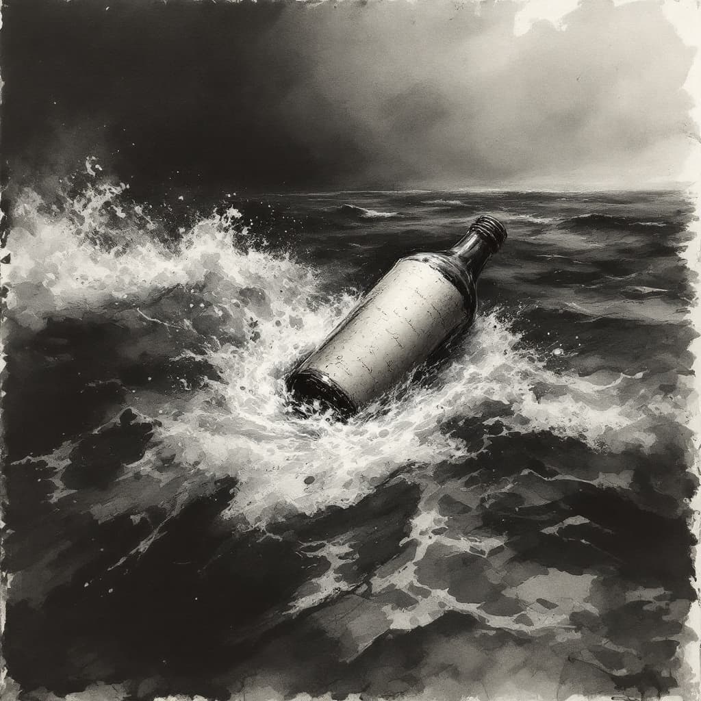 AI generated: an artistic Wet ink, charcoal sketch of a rolled up paper inside a half submerged tilted bottle, flo...