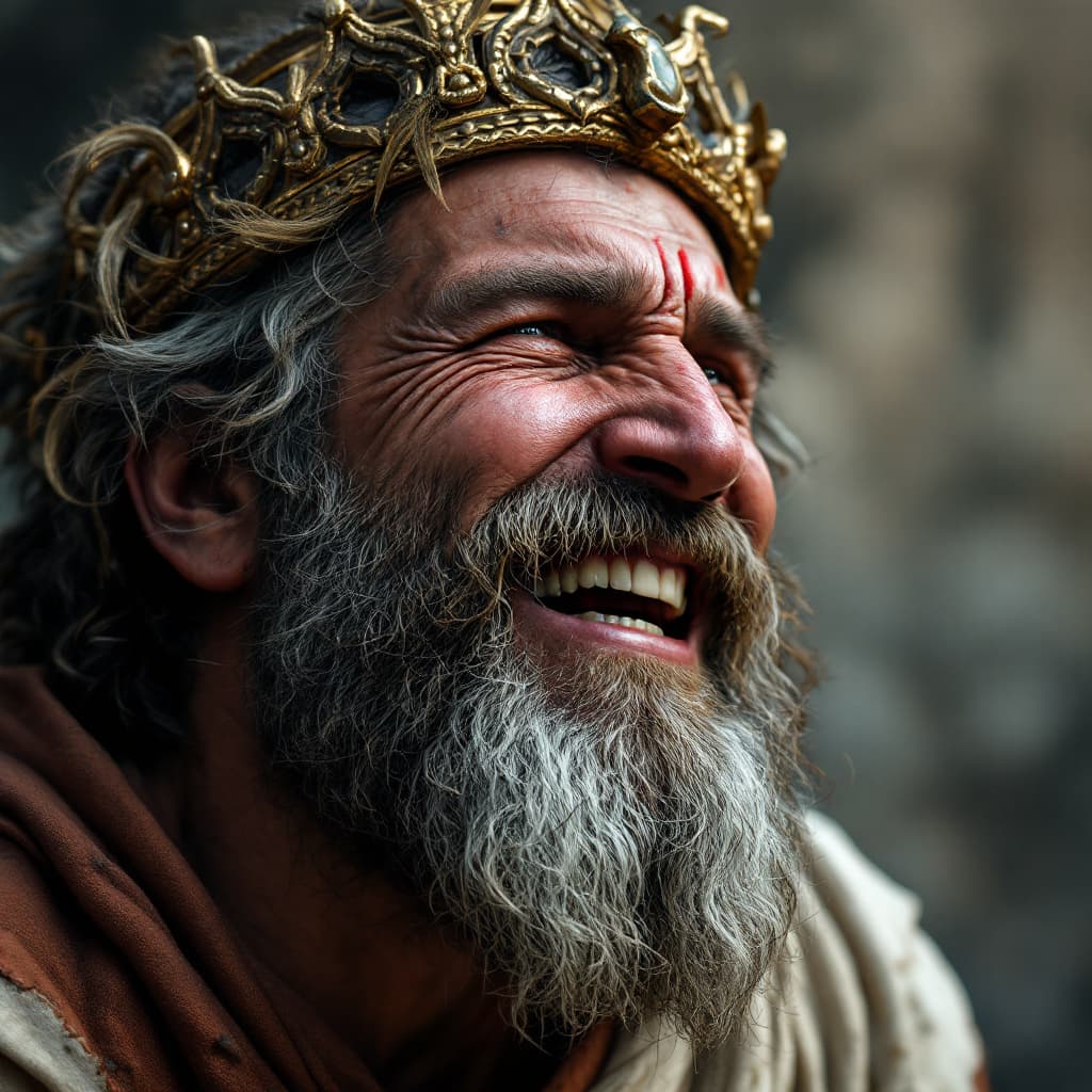 AI generated: Ancient Greek Odysseus as DayZ survivor, close up, no background, laughing
