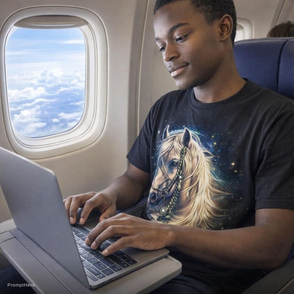 AI generated: Dans un avion en train de manipuler un ordinateur 