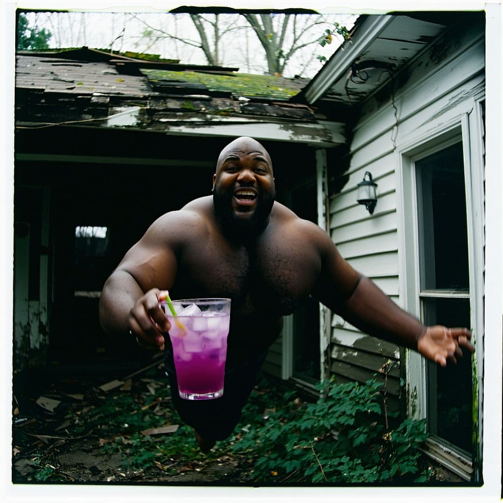 AI generated: grainy 80's photograph quality polaroid of big fat bald elated black man floating in the air with a ...
