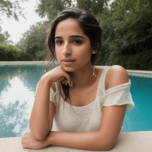 AI generated: High resolution photography of naomi scott , album cover photoshoot, with a splash of water behind h...