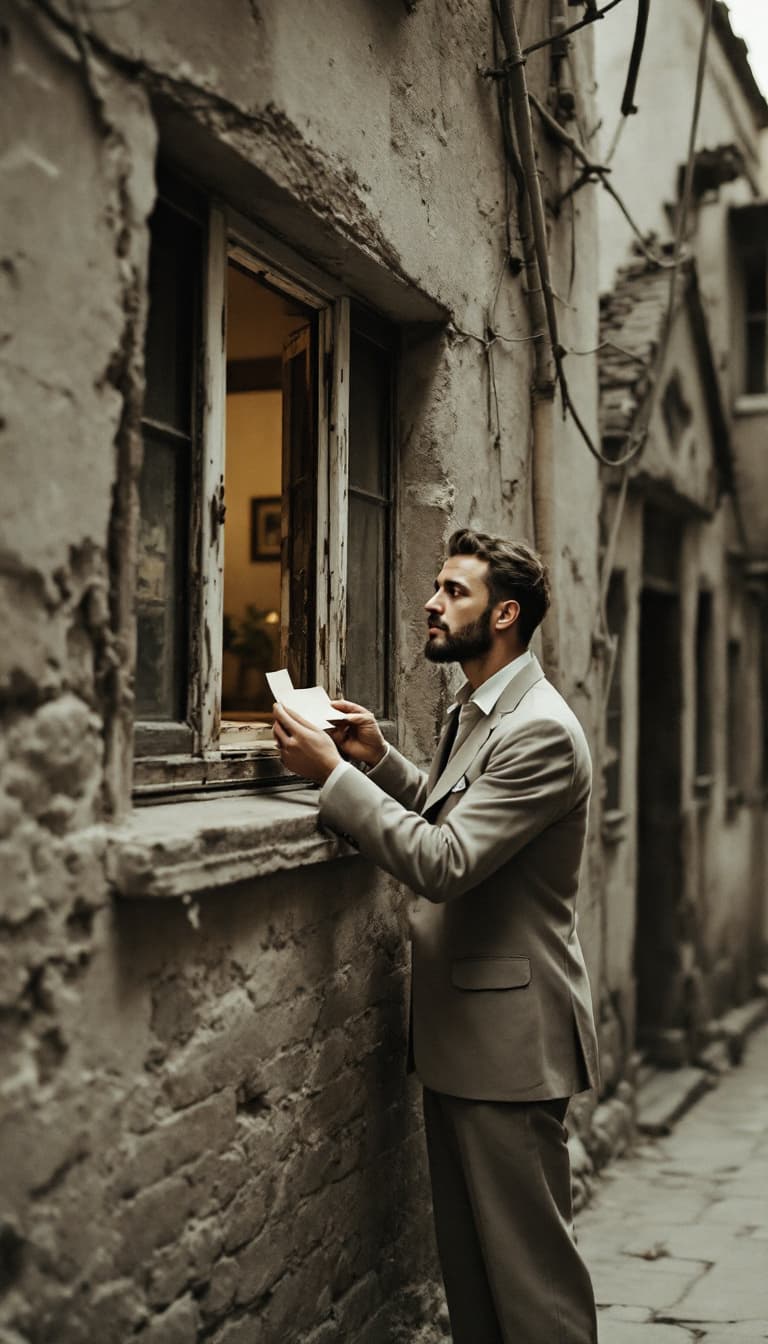 AI generated: A young man from the 1950s standing outside an old Iranian house in the narrow alley. The window of ...