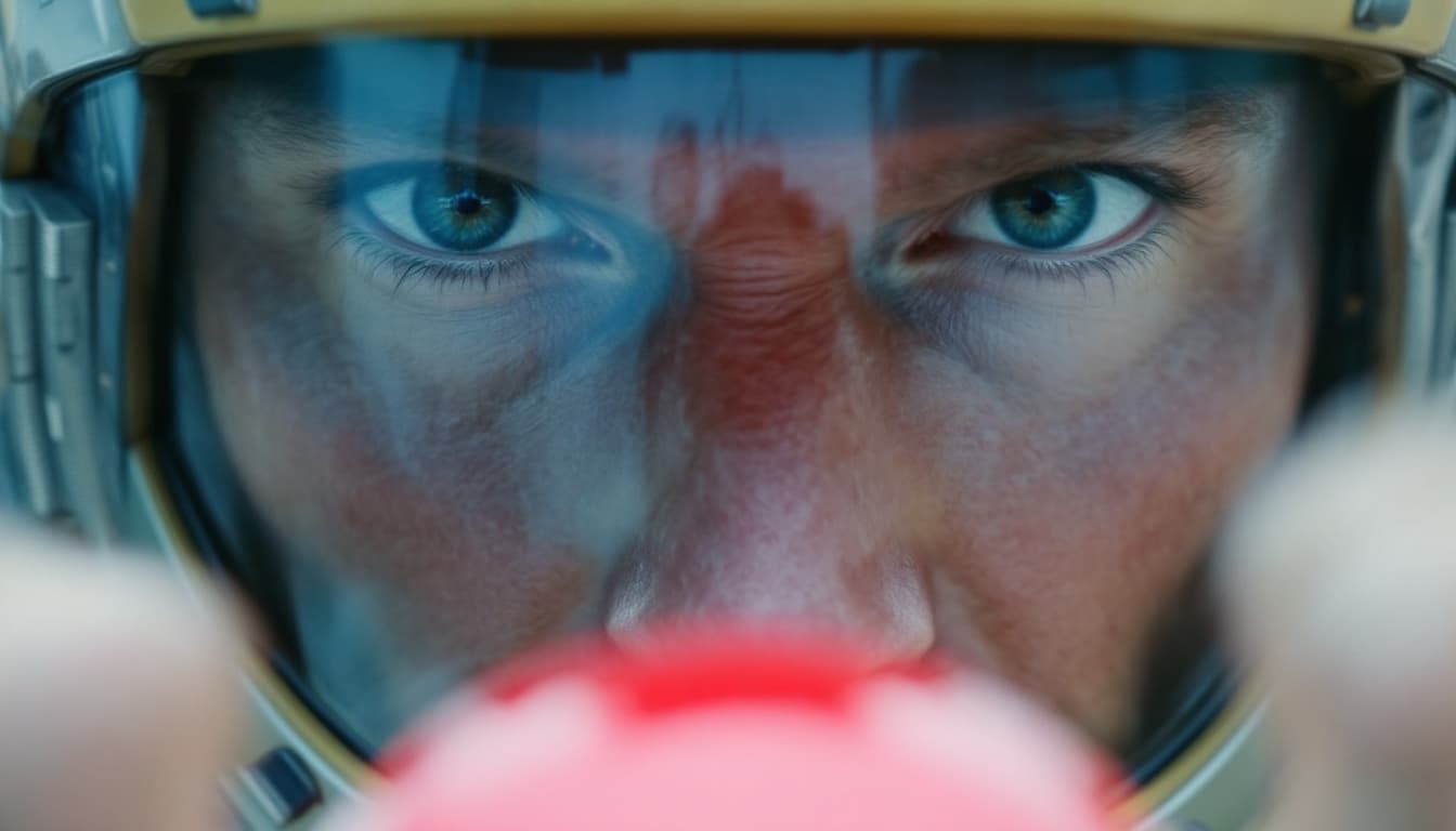 AI generated: Close Shot : His rugged face through the visor, eyes locked on the red sphere. Camera: Tilt up. 