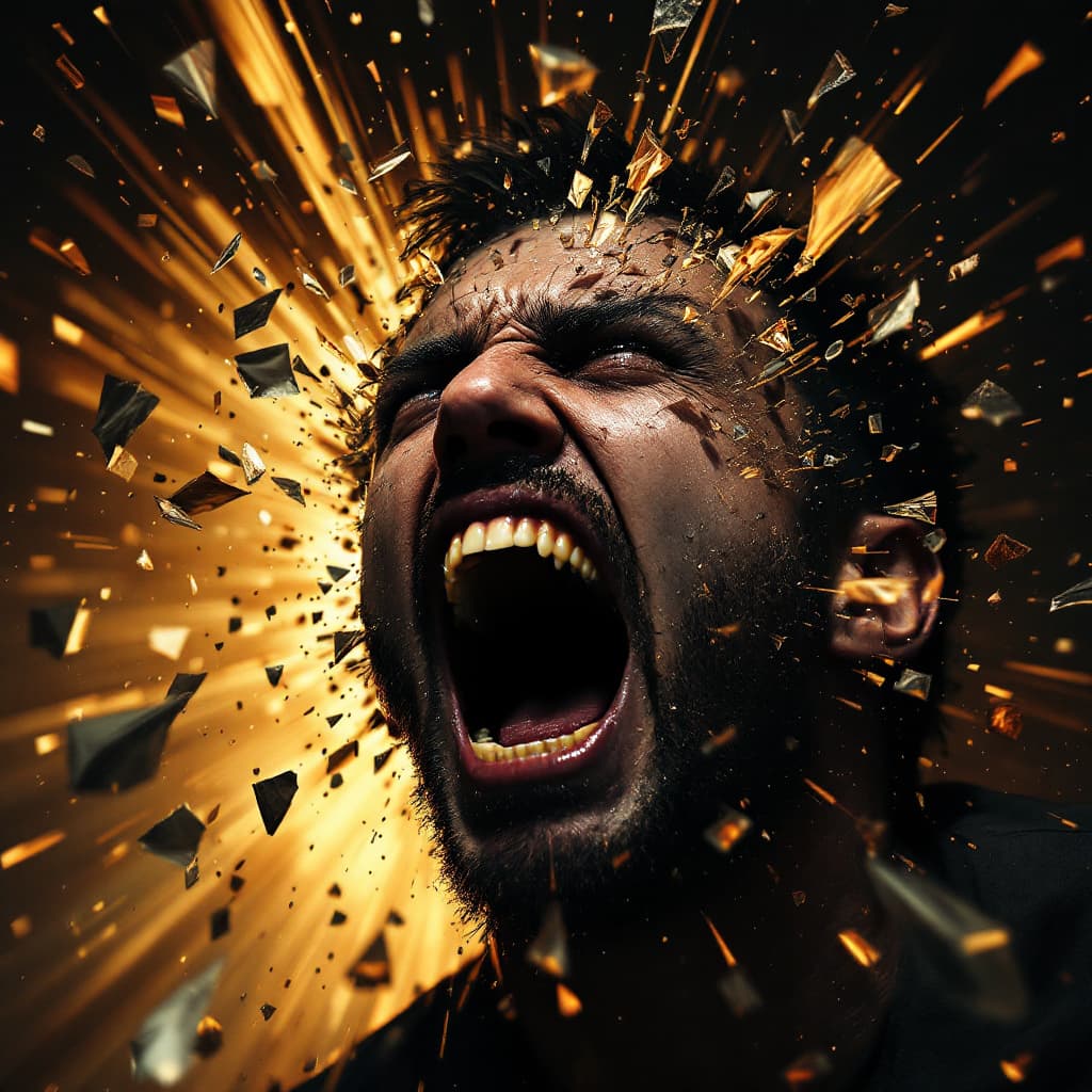 AI generated: A Dramatic, Dark Digital Portrait of a man Screaming as he shatters