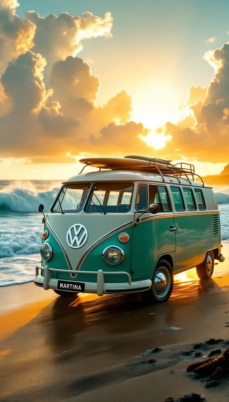 AI generated: A light turquoise green  and white vw classic, Samba 23 window bus on a golden sunset beach with eth...