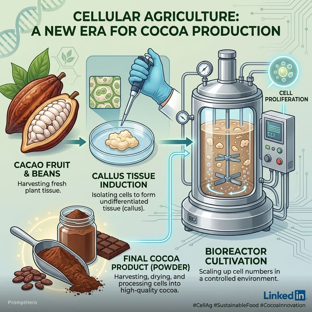 AI generated: I need you to create an image that includes the cacao fruit as the starting material, callus tissue ...
