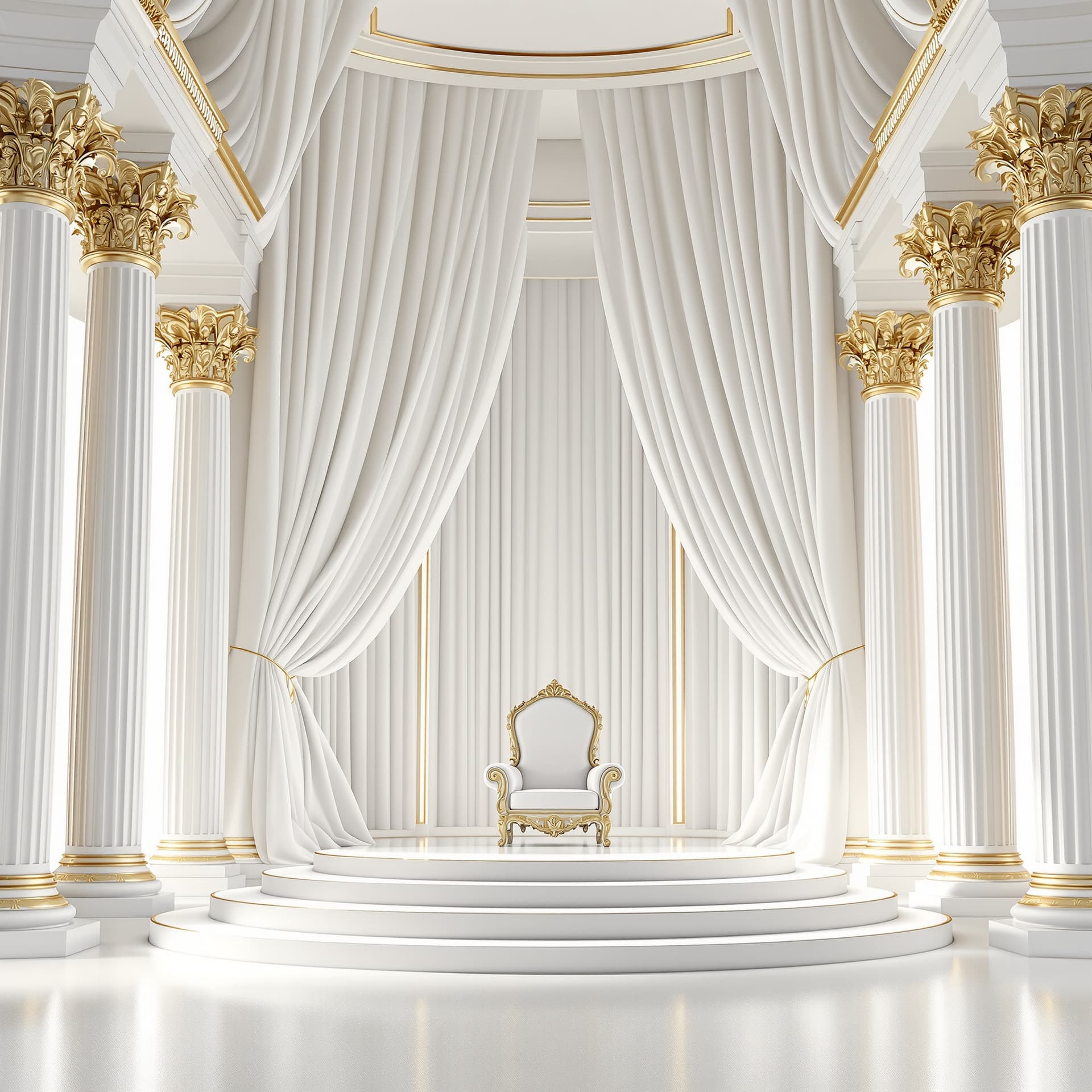 AI generated: a fancy white throne room with pillars, stage and throne room framed by huge white satin curtains, e...