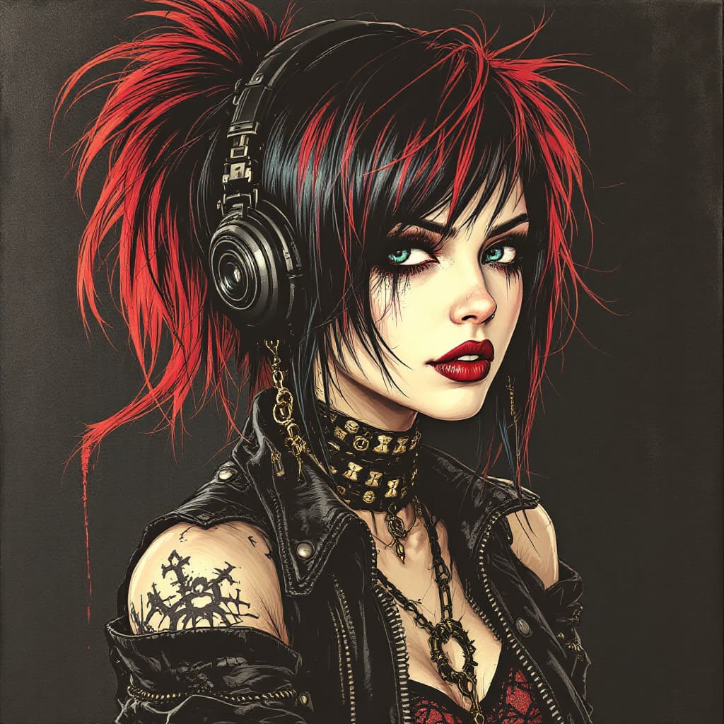 AI generated: A female punk rocker , in the art style Graphic Pens