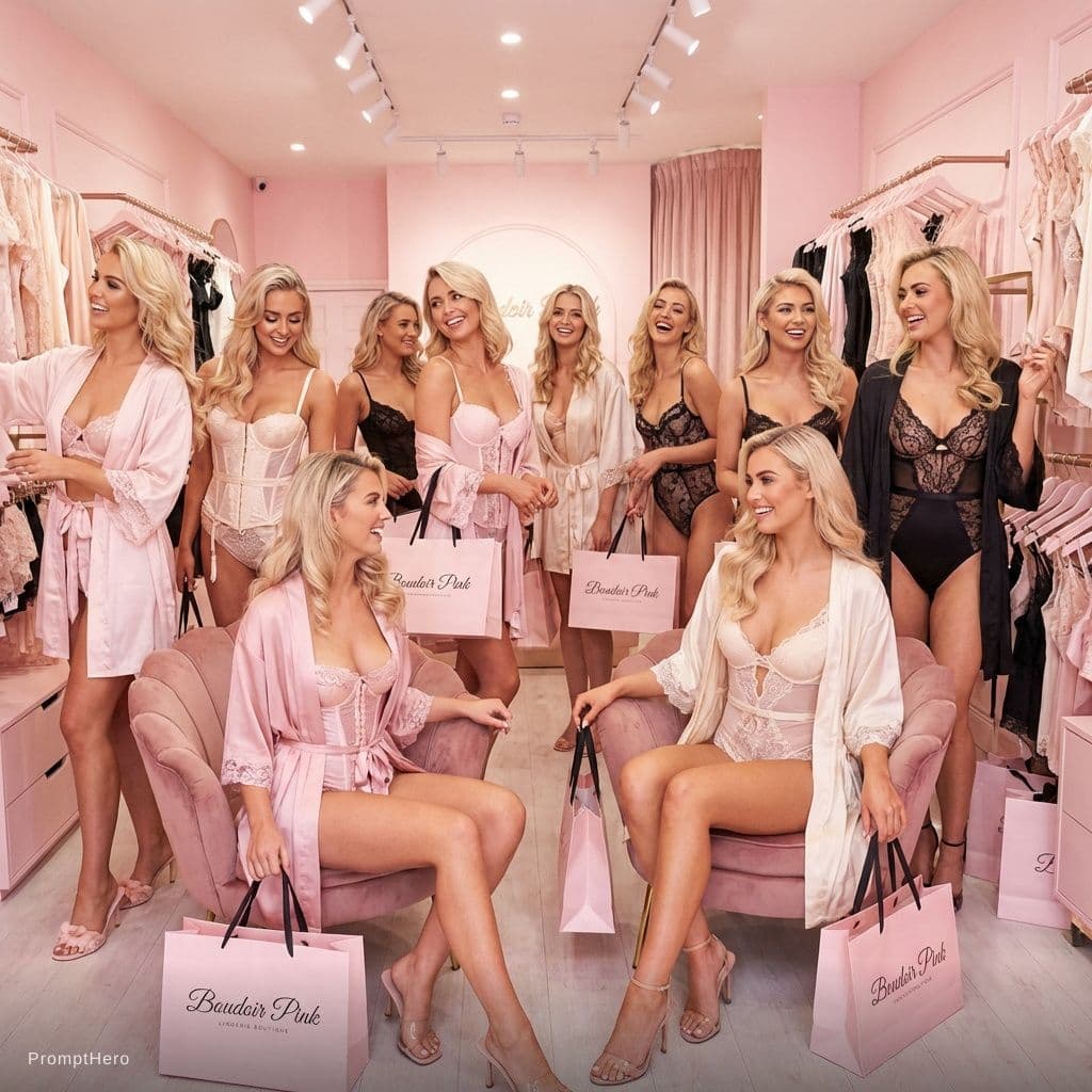 AI generated: a pink lingerie store with a ten sexy blond bimbo's in seductive lingerie