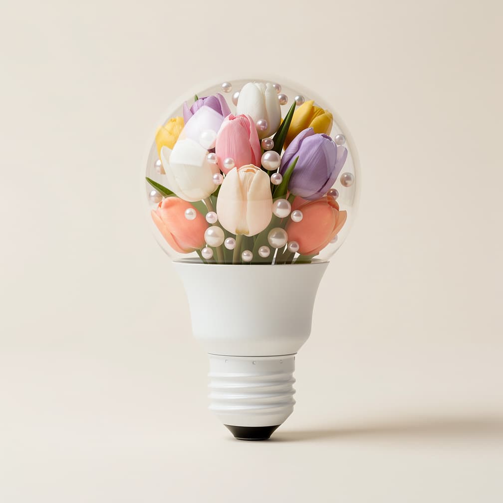 AI generated: An elegant, white light bulb filled with a delicate composition of predominantly multicolored tulips...