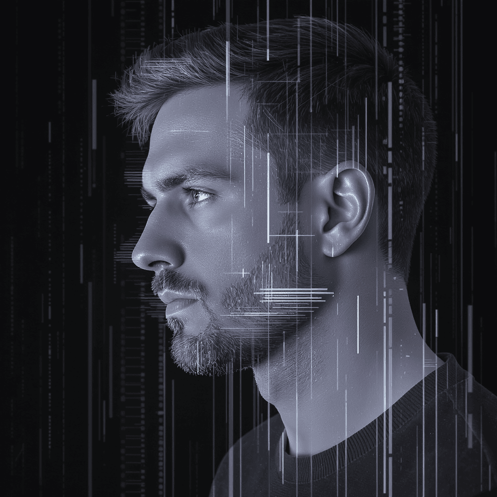 AI generated: portrait of man, gaze, black background, minimal aesthetic, digital distortion and fragmented interf...