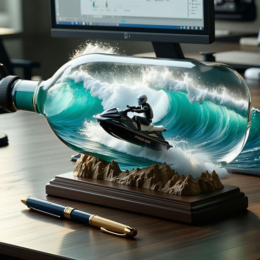 AI generated: A realistic ship in a bottle, featuring a black Yamaha 3 seat jet ski jumping a big wave ((Chaos)) w...