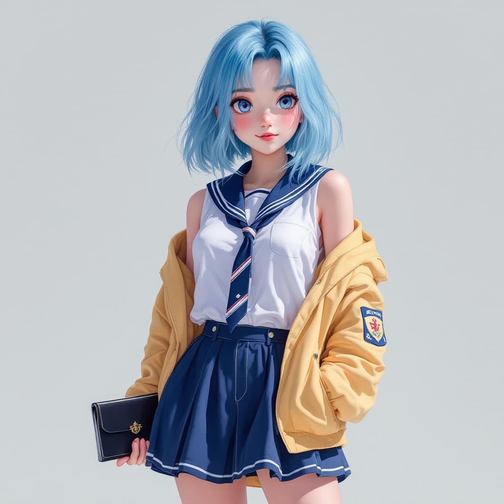 AI generated: tall cute girl  blue hair . in student uniform 