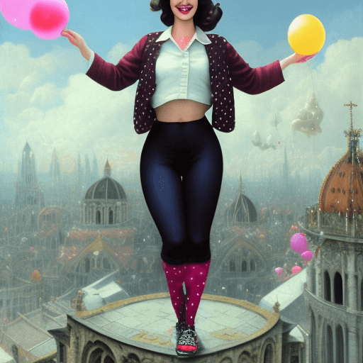 AI generated: full body, girl, woman, flying clown, pin-up, crowded city background, kind smile, happy, generous, ...