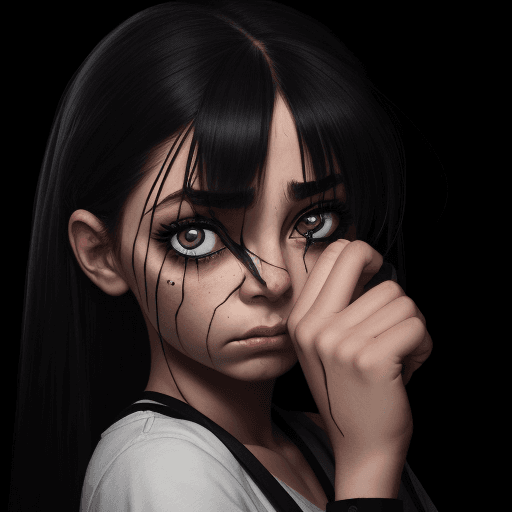 AI generated: Sad girl with black ropes in her eyes, black ropes coming out from her eyes