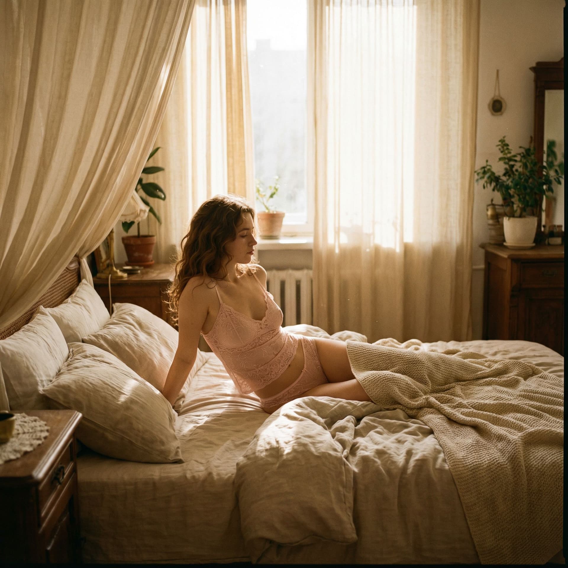 AI generated: Soft morning light pours through sheer curtains, gilding a cozy, rumpled bed in honeyed warmth. At i...